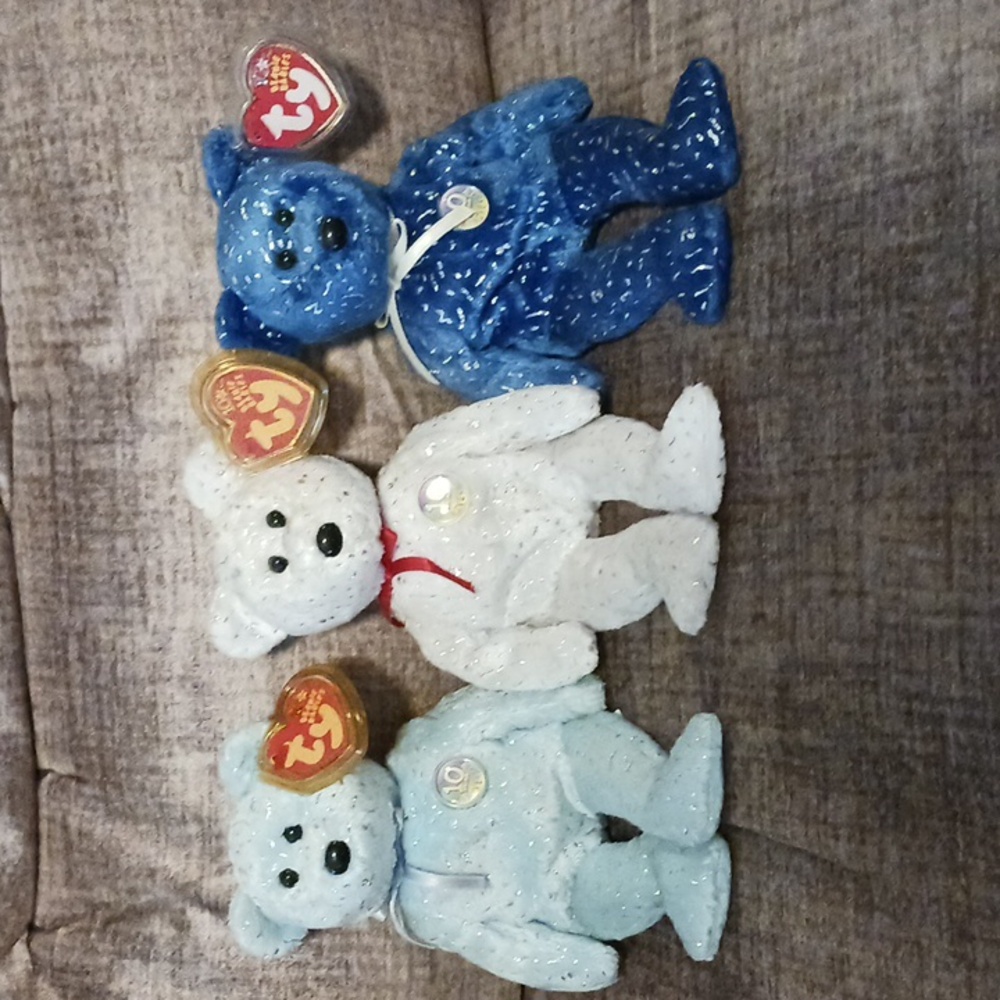 Ty Beanie Babies Trio - Blue, White, and Dark Blue Bears. 10 Year Anniversary
